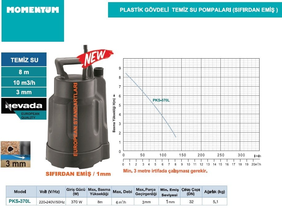 pks370l momentum temiz su drenaj dalgıç pompası sıfırdan emişli özellikleri ve performans eğrileri